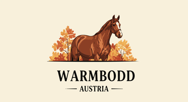Chestnut horse stands by autumn trees