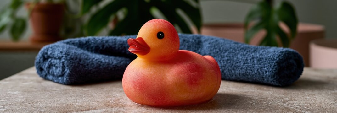 Rubber duck positioned by rolled towel on countertop with foliage