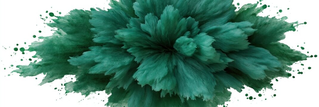 Emerging green powder explosion forming radial plume on white background