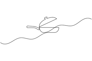 Fototapeta premium Frying pan with open lid Continuous one line drawing minimal kitchen cookware outline vector illustration