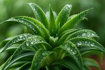 Fototapeta premium Green succulent covered in water droplets in garden setting