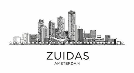 Fototapeta premium Black and white sketch of a modern city skyline with trees in foreground