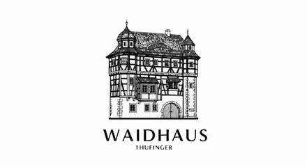 Obraz premium Black and white sketch of a historic timber-framed building with a detailed roof