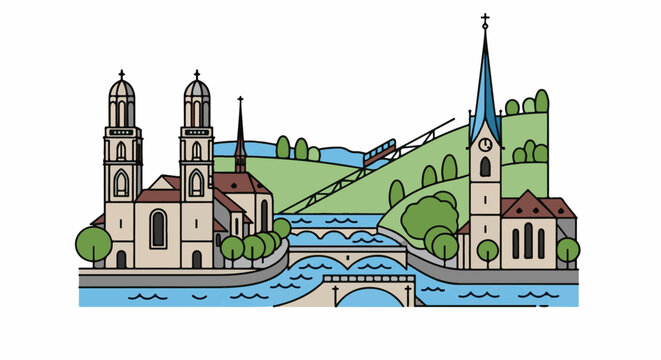 Cityscape with churches, river, bridges, and funicular on a hill