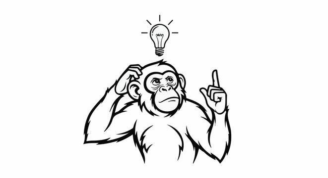 Cartoon chimpanzee with a bright idea and thoughtful expression