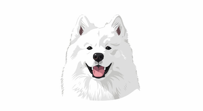 Close-up digital illustration of a smiling white dog with fluffy fur, pink tongue