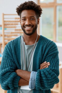 Young man smiling with arms crossed in school classroom