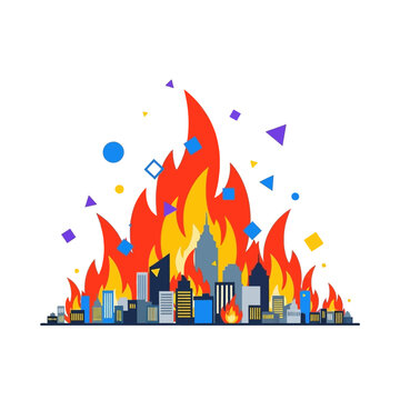 Cityscape on fire with abstract shapes, symbolizing disaster, crisis, or destruction.