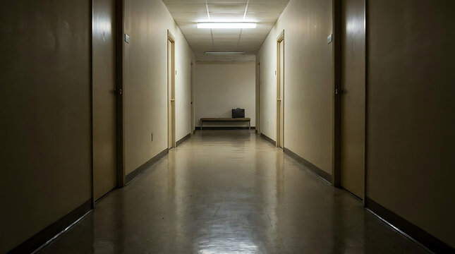 Empty dimly lit hallway with closed doors corridor lighting architecture building interior perspective geometry symmetry minimalist mysterious destination isolated abandoned haunting