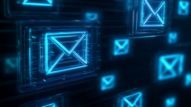 Glowing blue email icons on dark background.