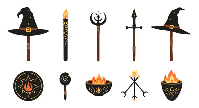 Witchcraft symbols and tools, magical objects, fantasy icons set