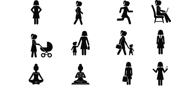 Set of diverse flat icons showing women in various activities and roles Vector