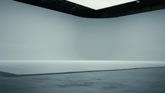Smooth cinematic tracking video of an empty, high-key professional studio with a seamless light grey cyclorama backdrop and dark grey floor, soft diffused lighting, ample copy space. Professionalism