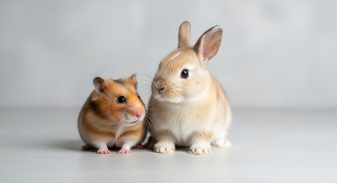 Rabbit and hamster adorable small animals posing against a light background