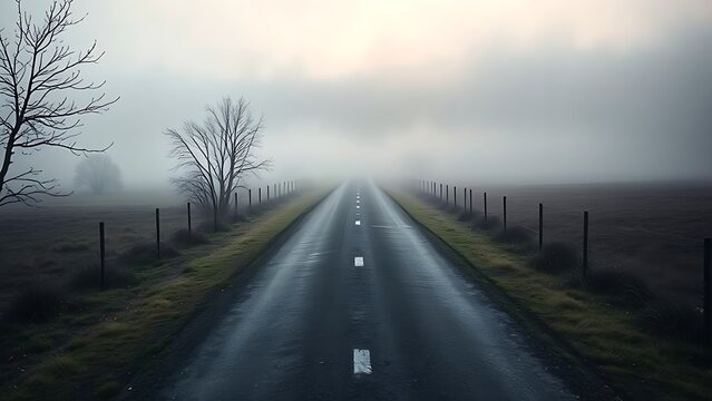 A misty forked road in a serene landscape, symbolizing life's choices and new beginnings.