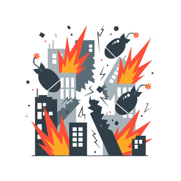 City destruction war bombing attack, buildings exploding with fire and smoke, danger concept