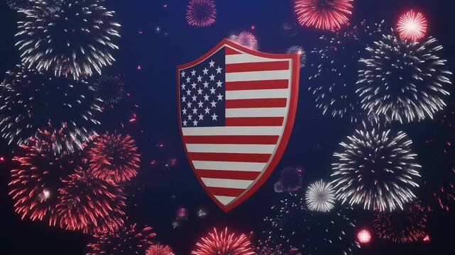 american flag shield with fireworks celebration background