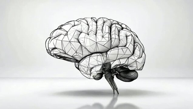 3D Wireframe Human Brain Anatomy Model Rotating Against White Background