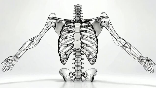 3D wireframe human skeleton torso with rib cage and spine moving for medical and scientific visualization on white background