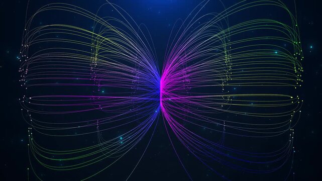 Colorful abstract line flow background with curved neon paths, glowing dots, dark star space. technology videos, data network visuals, music intros, science promos, AI concepts, digital overlays.