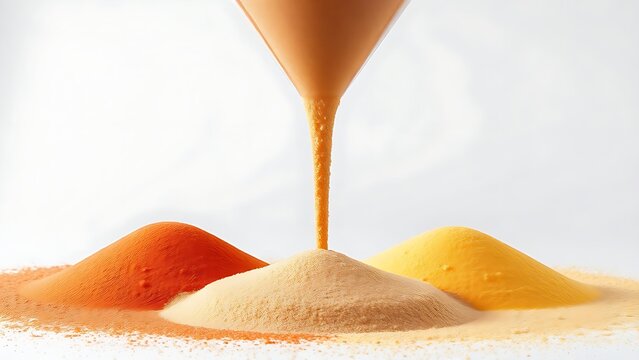 Two streams of colored sand merging into one uniform mixture in a funnel.