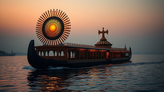 A majestic Nile barge with a gilded sun disk prow sailing at dusk on calm waters.