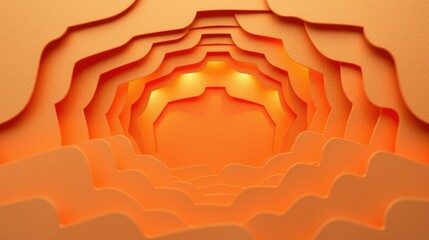 Fototapeta premium Abstract orange layers create tunnel illusion. Warm light emanates from center, suggesting depth, texture, modern design.
