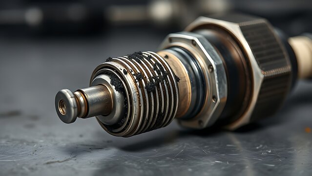 Close-up of a spark plug with carbon buildup on a garage workbench.