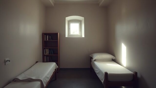 Simple monastic cell interior with a narrow bed and a wooden bookshelf.