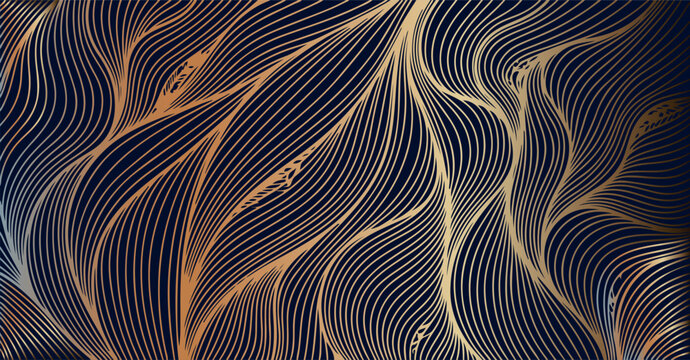 Bold golden wave pattern, abstract metallic line art, luxury navy blue texture, premium gold foil effect, elegant flowing curves, decorative copper background, modern vector design