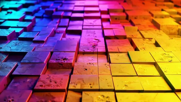 Abstract 3D cubes moving in a grid with neon blue and yellow light. Shifting geometric blocks background for technology and gaming.