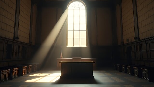 Solemn courtroom interior with a sunbeam illuminating an empty plaintiff's table.