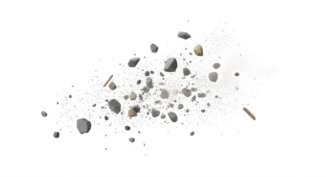 A horizontal explosion of white sand, fine powder, and small grey pebbles scattered against a solid black background, isolated