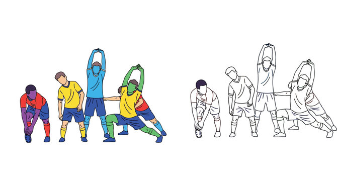 Vector illustration of soccer players doing warm up and stretching exercises, featuring colorful and line art style designs.