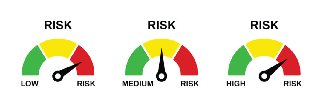 Risk meter icon, gauge indicator showing low medium high risk levels vector illustration for assessment, safety and analysis dashboard design.