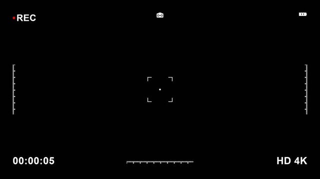 Digital Camera HUD Recording Viewfinder with Running Timecode and Battery Status on Black Screen