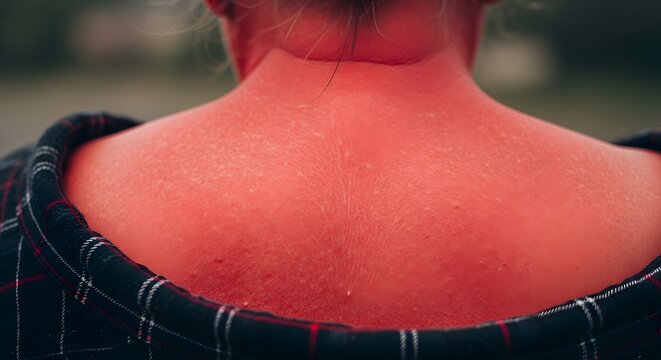 Severe sunburn on back and neck a painful result of prolonged sun exposure