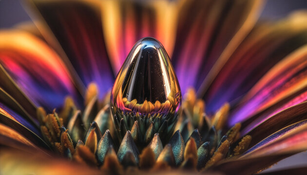 Reflective metallic ovoid object within a vibrant Gerbera flower