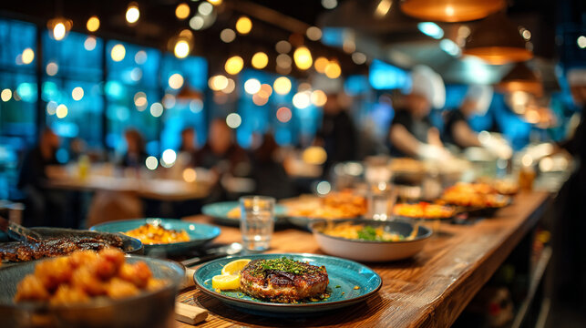 Elaborate buffet line with assorted dishes and appetizers in a restaurant setting, self service
