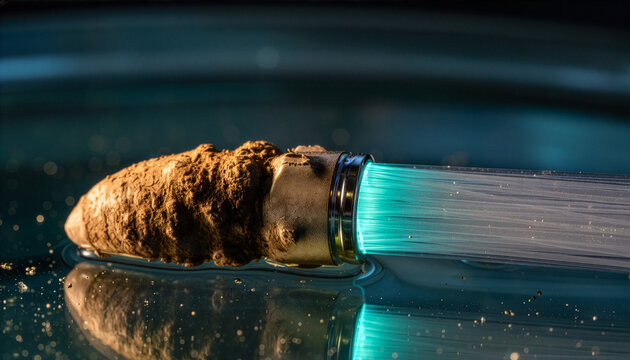 Scientific probe emitting cyan light into liquid over organic mass