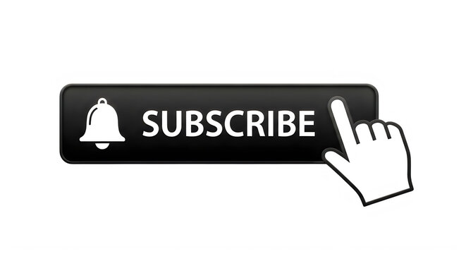 A hand pointing at a subscribe button with a bell icon on a white background isolated on transparent background