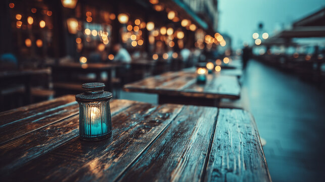 Cozy outdoor cafe seating with a lit lantern on a rustic wooden table at dusk, al fresco