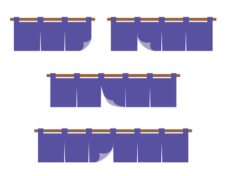 めくれた風になびくのれんに文字入れできるフラットイラスト素材セット / Japanese noren curtain being lifted, editable text space flat illustration set