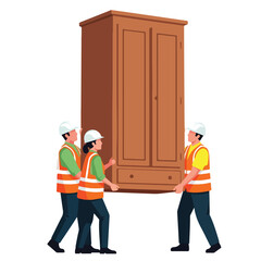 Obraz premium Three workers in safety vests and hard hats carry a large wooden cabinet together