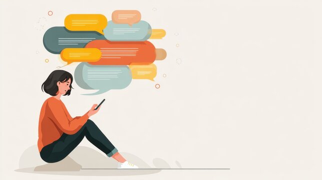 woman reading long message thread on phone with thought bubbles