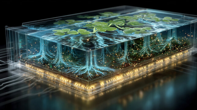 Dynamic Microfluidics Lab-on-a-Chip Device for Agriculture, Flowing Nutrient Solutions, Crop Health Monitoring, Futuristic 3D Biomedical Visualization, Smart Farming Innovation