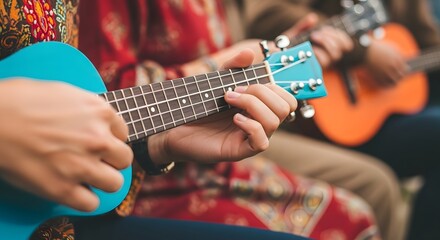 Naklejka premium Ukulele ensemble a vibrant gathering of musicians playing together in harmony