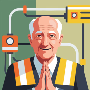 An elderly man with white hair wearing a suit, hands pressed in a polite gesture
