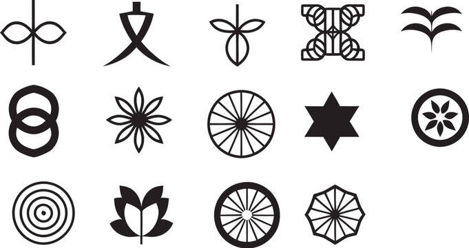 Japanese family crest icons, set of 14 traditional mon symbols, black minimalist oriental floral and geometric vector marks for branding