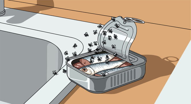 An open tin of canned fish attracts a swarm of houseflies on a kitchen counter